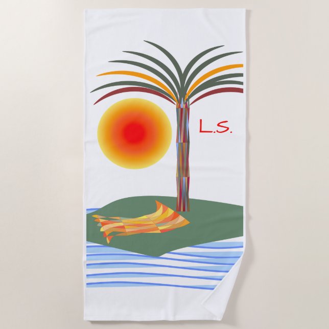Helle tropische Palmen, Sonne und Wellen Strandtuch (Vorderseite)