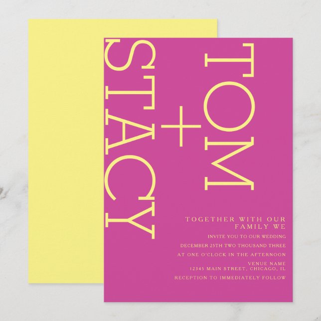Helle Typografie Xtra Bold Pink Yellow Wedding Einladung (Vorne/Hinten)