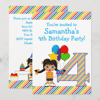 Helle und bunte Mädchen-4. Geburtstags-Party Einladung