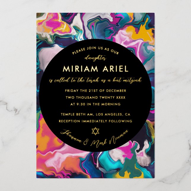 Helle und farbenfrohe Abstrakte Marbella Bat Mitzv Folieneinladung (Vorderseite)