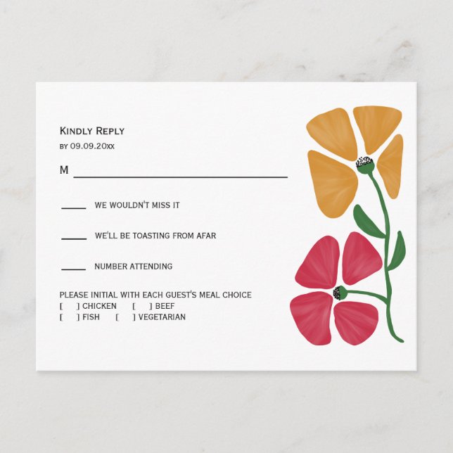 Helle und farbenfrohe Hochzeitserie RSVP und Detai Postkarte (Vorderseite)