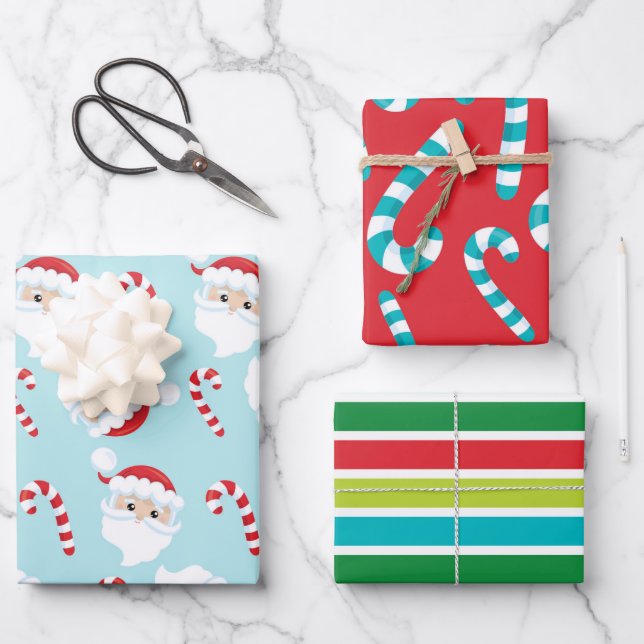 Helle und farbenfrohe Kinder Weihnachtsgeschenk Geschenkpapier Set (Vorderseite)