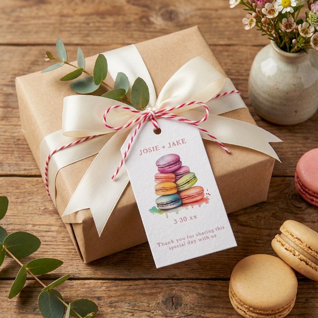 Helle und farbenfrohe Macaroonkuchen Geschenkanhänger (Bright and colorful watercolor macaroon cakes gift tags.)