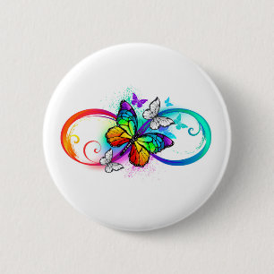 Helle Unendlichkeit mit Regenbogen-Schmetterling Button