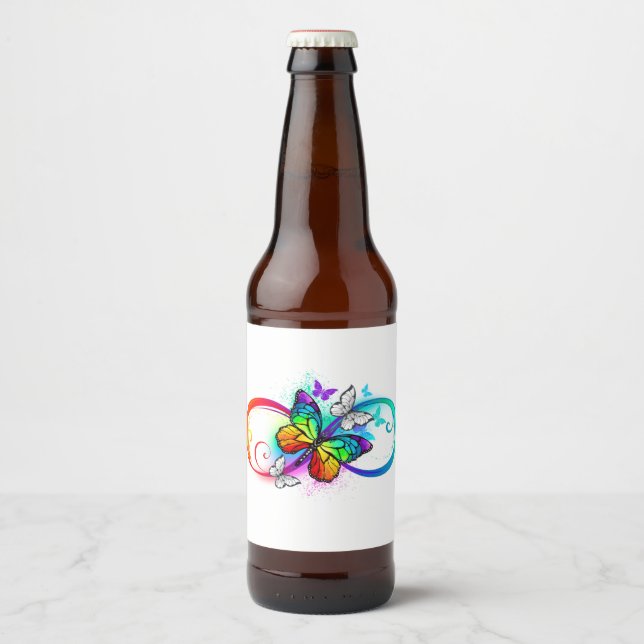 Helle Unendlichkeit mit Regenbogenschmetterling Bierflaschenetikett (Vorderseite)