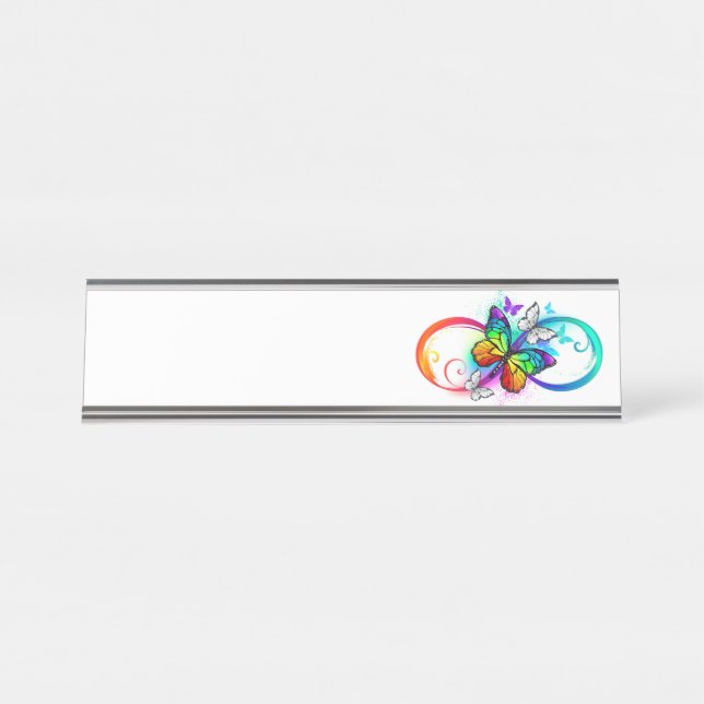 Helle Unendlichkeit mit Regenbogenschmetterling Schreibtischnamensplakette (Vorderseite )