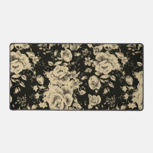 Helle Vintage-Ölblumen auf Schwarz   Schreibtischunterlage
