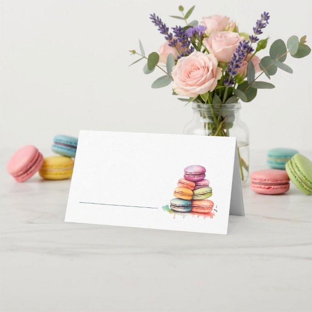 Helle, wasserfarbene Macaros, die Platzkarte (Bright watercolorful macaroons name place card.)