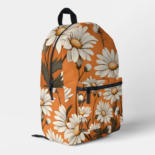 Helle weiße Daisy Floral in Orange Bedruckter Rucksack (Rückseitige Ecke links)