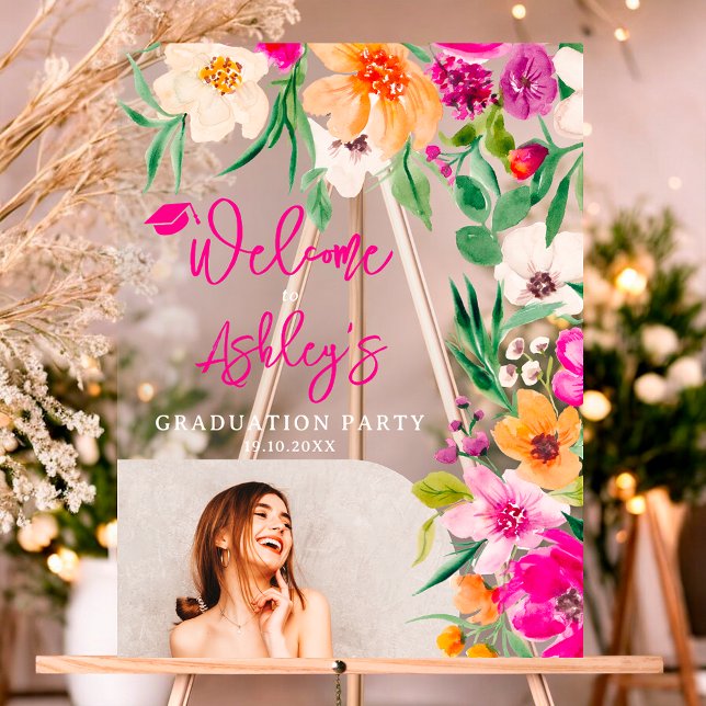 Helle wilde Blume Foto Abschluss Empfang Acrylschild (Bright wild flowers photo graduation welcome acrylic sign)