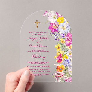 Helle wilde Blumen Bogen religiöse Hochzeit Acryleinladungen