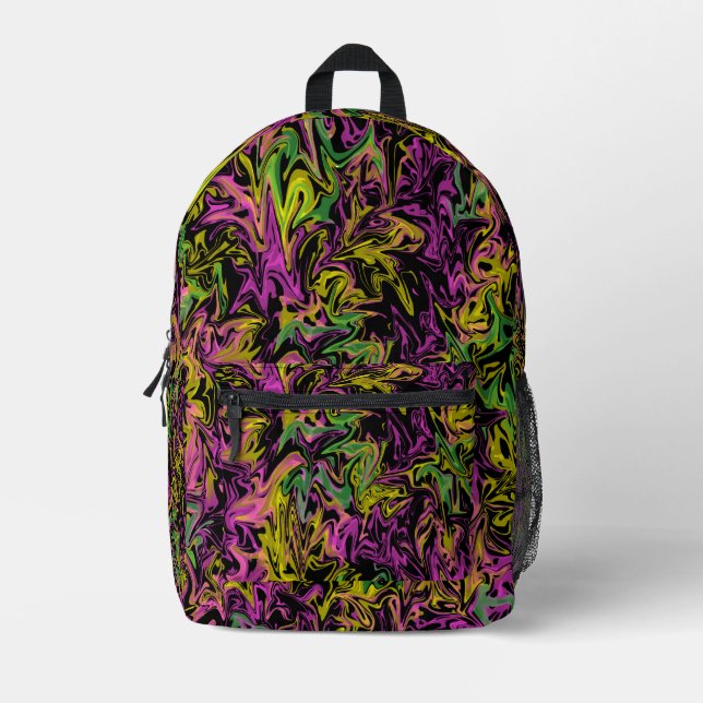 Helle Wirbel in Rosa Gelbschwarz Abstrakt Bedruckter Rucksack (Vorderseite)