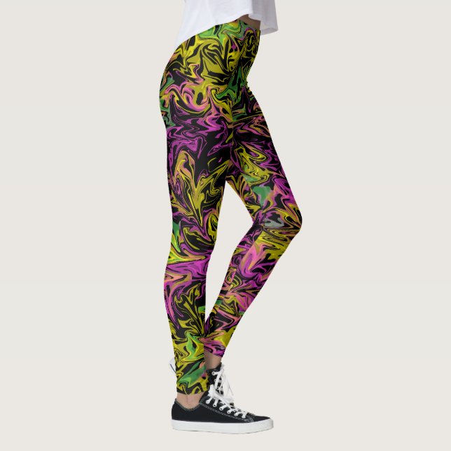 Helle Wirbel in Rosa Grün und Gelb auf Schwarz Leggings (Rechts)