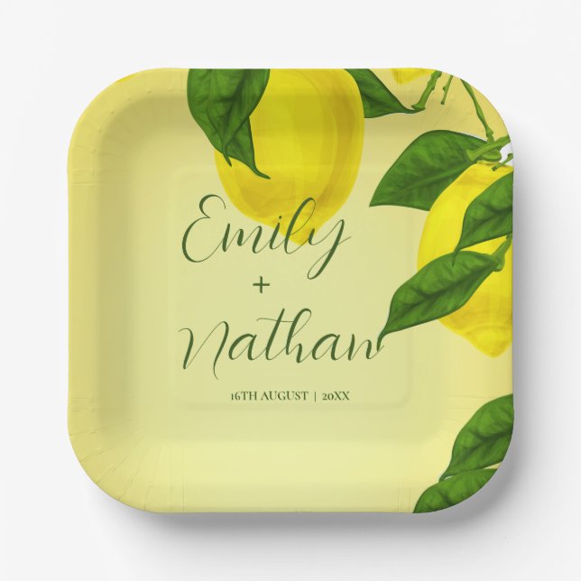 Helle Yellow Lemon Citrus Wedding Party Pappteller (Vorderseite)