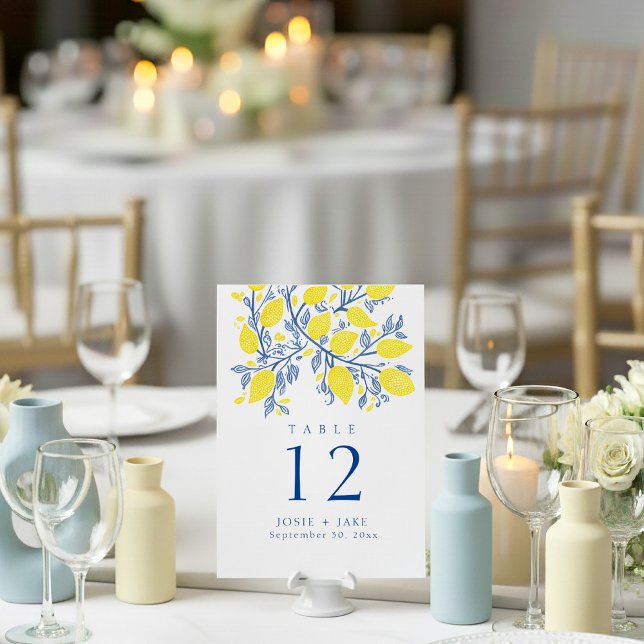 Helle Zitronenweine Tischnummer Sitzplan (Bright yellow and blue wedding table number place card.)
