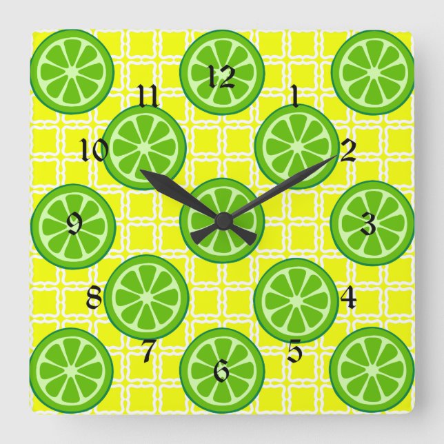 Helle Zitrusfrüchte-Limes auf Gelben Kacheln Quadratische Wanduhr (Vorderseite)