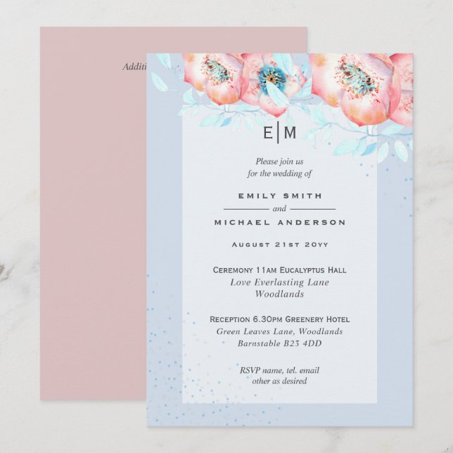 Hellebore Blue Dusty Rose Hochzeitsempfang Einladu Einladung (Vorne/Hinten)