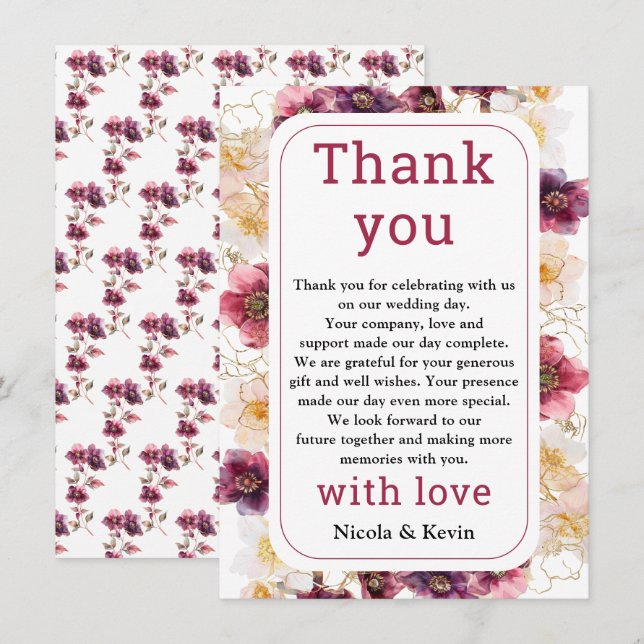 Hellebore Floral Burgundy Wedding Thank You Dankeskarte (Vorne/Hinten)