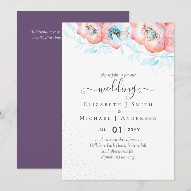 Hellebore Turquoise Peach Floral Wedding Einladung (Vorne/Hinten)