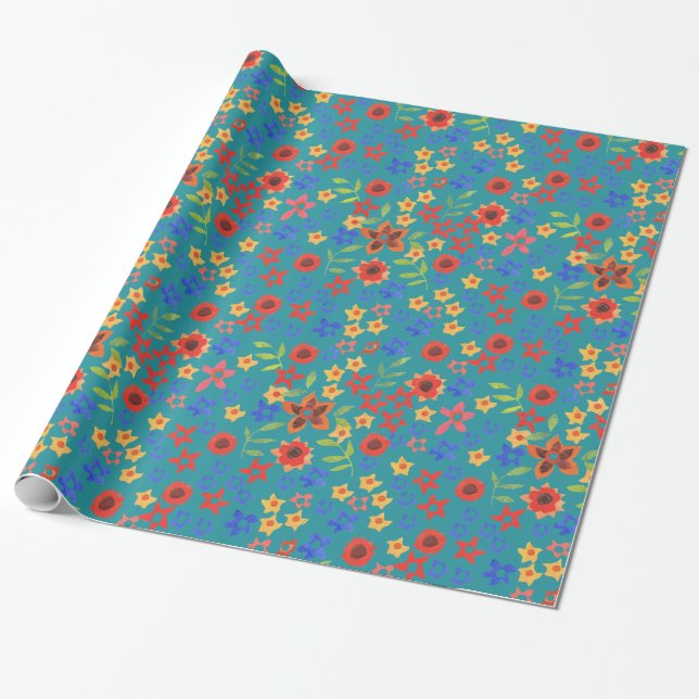 Heller, floraler Miniprint auf Aquamarinem Papier Geschenkpapier (Ungerollt)