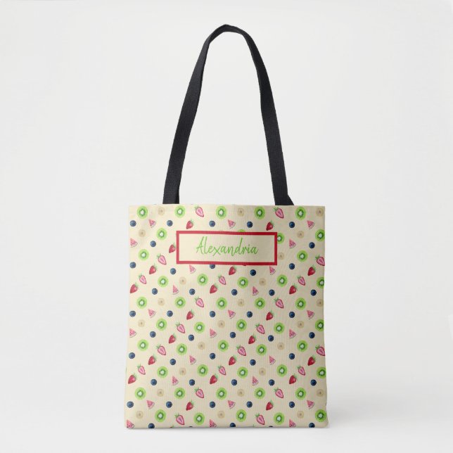 Heller Fruchtsalat mit gelbem Hintergrund Tasche (Vorderseite)