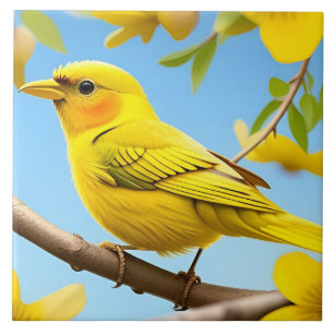Heller gelber Singvogel auf einem Ast Fliese
