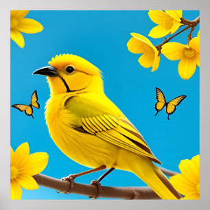 Heller gelber Singvogel auf einem Ast Poster