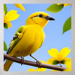 Heller gelber Singvogel auf einem Ast Poster