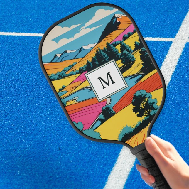 Heller Pop Kunst, Dichtung und Musik Mit Monogramm Pickleball Schläger (A cool pickleball paddle with colorful pop art inspired landscape and monogram initial)
