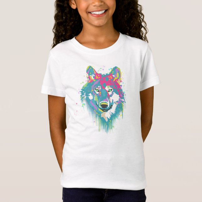 Heller rosa blauer Neonwatercolors-Spritzer-Wolf T-Shirt (Vorderseite)