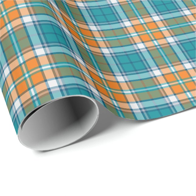 Heller Türkis und orange sportliches kariertes Geschenkpapier (Rolleneckpunkt)