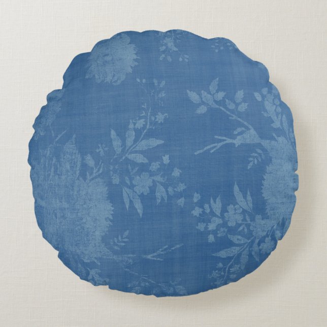 Helles Blau auf blauem Blumenmuster Rundes Kissen (Vorderseite)