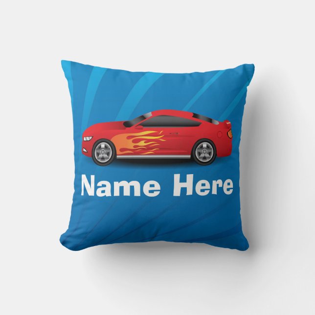 Helles Blau mit Red Sports Car Flammen Kinder Jung Kissen (Vorderseite)