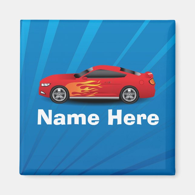 Helles Blau mit Red Sports Car Flammen Kinder Jung Magnet (Vorne)