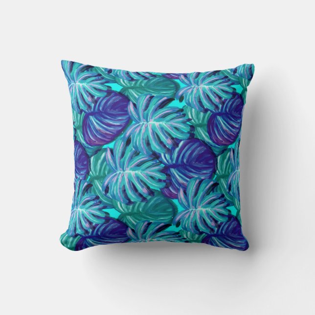 Helles Blau und grünes Palmenblätterblatt Kissen (Vorderseite)