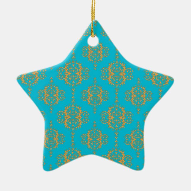 Helles Blau- und Peach-Damask-Muster Keramikornament (Vorne)
