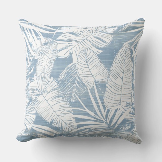 Helles Blau und weißes Palmblätterblatt Kissen (Vorderseite)