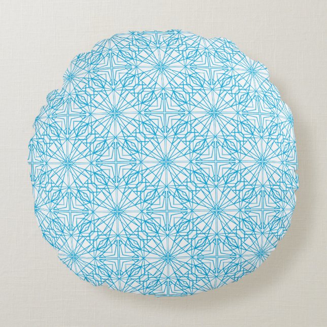 Helles, blaues, geometrisches Symmetriemuster Rundes Kissen (Vorderseite)