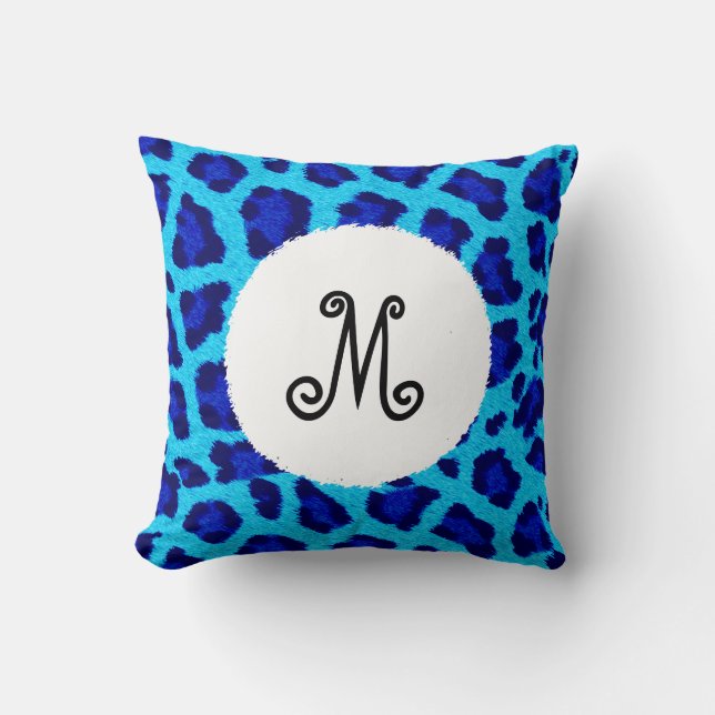 Helles blaues Leopard Print Monogram Kissen (Vorderseite)