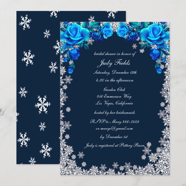 Helles Blue Rose Snowflake Weihnachts-Brautparty Einladung (Vorne/Hinten)