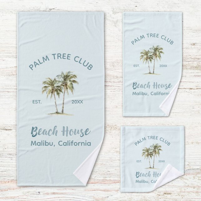 Helles Blue Wood Palm Trees Modernes Beach House Badhandtuch Set (Close up)