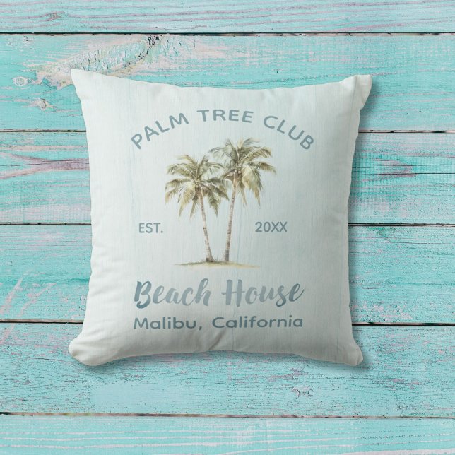 Helles Blue Wood Palm Trees Modernes Beach House Kissen (In situ, beach house)