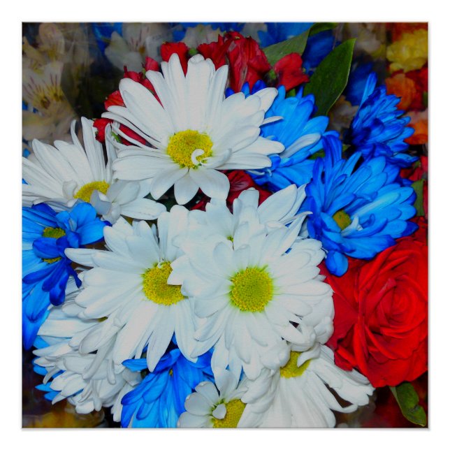 Helles Blume Mix Poster, Weiß und Blau Poster (Vorderseite)