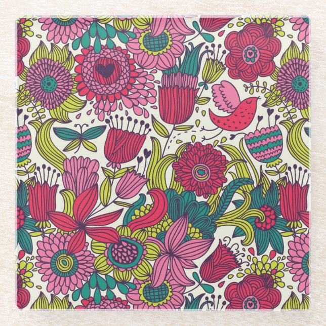 Helles Blumenmuster Glasuntersetzer (Vorderseite)