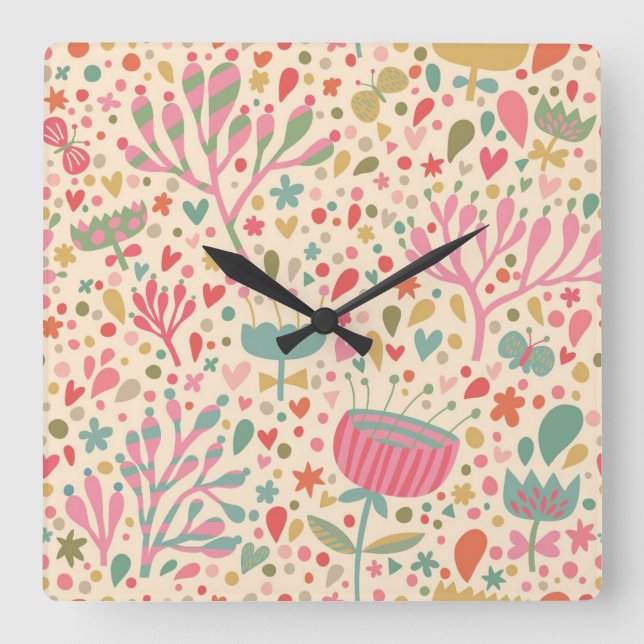 Helles Blumenmuster Quadratische Wanduhr (Vorderseite)