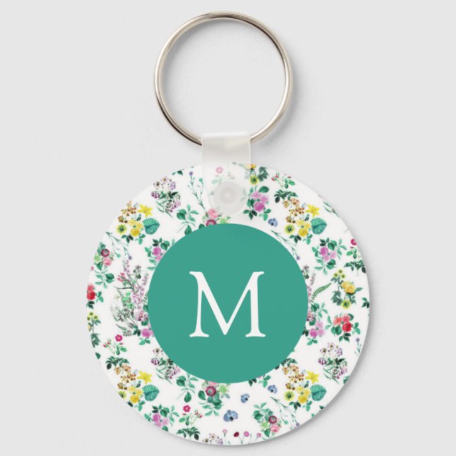 Helles Blumenmuster Teal Monogramm Schlüsselanhänger (Vorderseite)