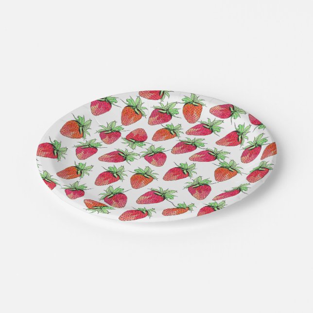 Helles buntes Aquarell-fruchtige Erdbeeren Pappteller (Schrägansicht)