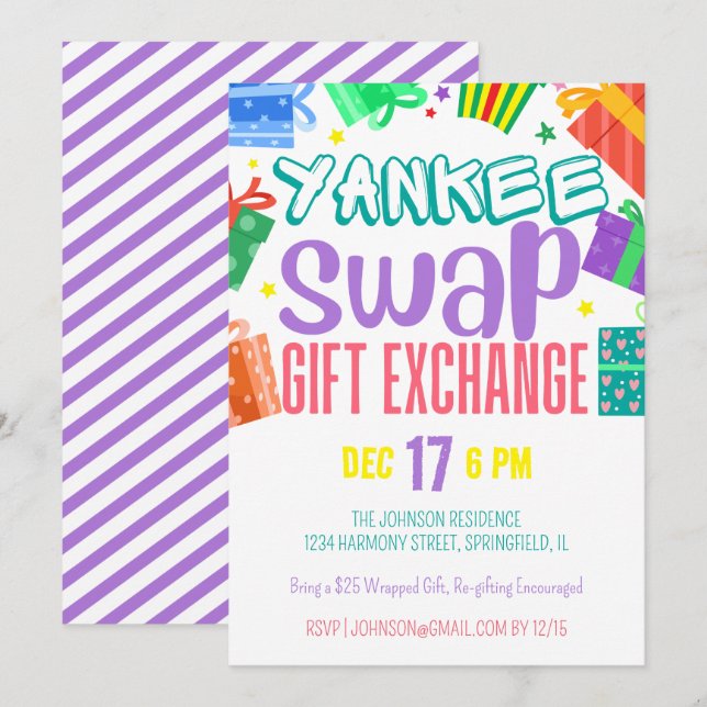 Helles buntes Yankee-Swap-Geschenk Exchange-Party Einladung (Vorne/Hinten)