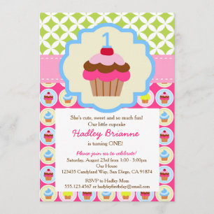 Helles Cupcake 1. Geburtstag Party Einladung