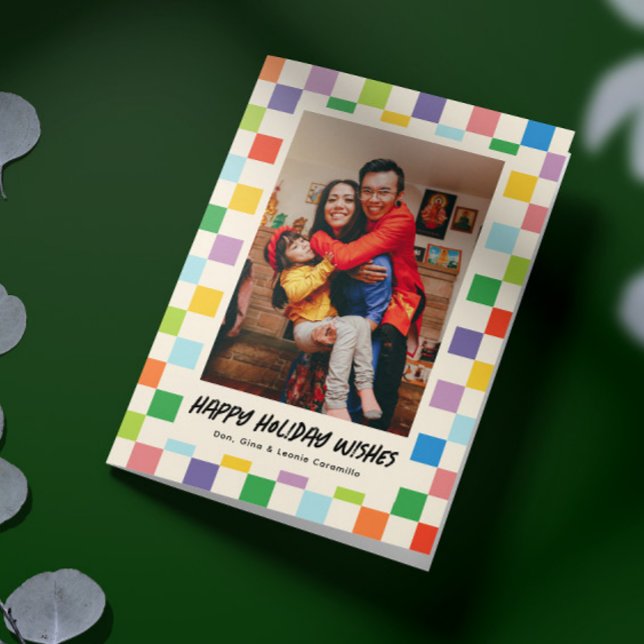 Helles farbiges Schachbrett Faltes Foto Urlaub Karte (folded colorful checkerboard pattern one photo family holiday card)